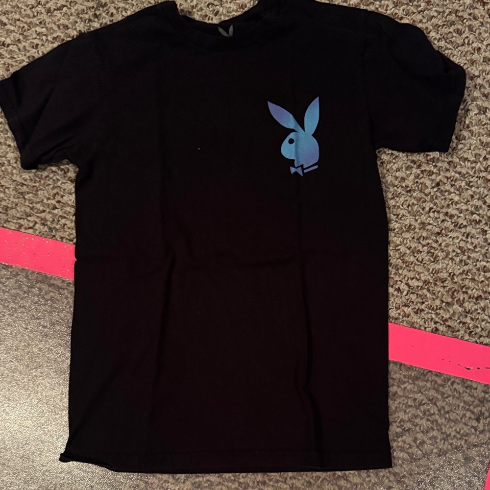 PLAYBOY Black Tee with Blue and Purple Ombré Bunny Logos size small